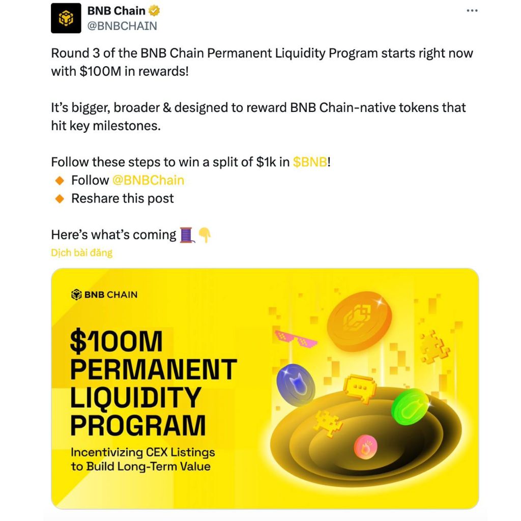 BNB Chain ra mắt Chương trình thanh khoản vĩnh viễn 100 Triệu USD 2 BNB Chain ra mắt chương trình khuyến khích thanh khoản trị giá 100 triệu USD