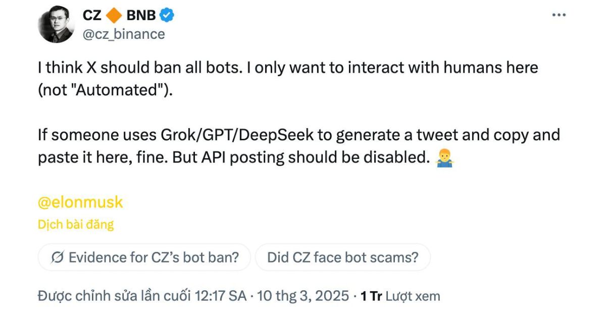 CZ gửi lời đến Elon Musk