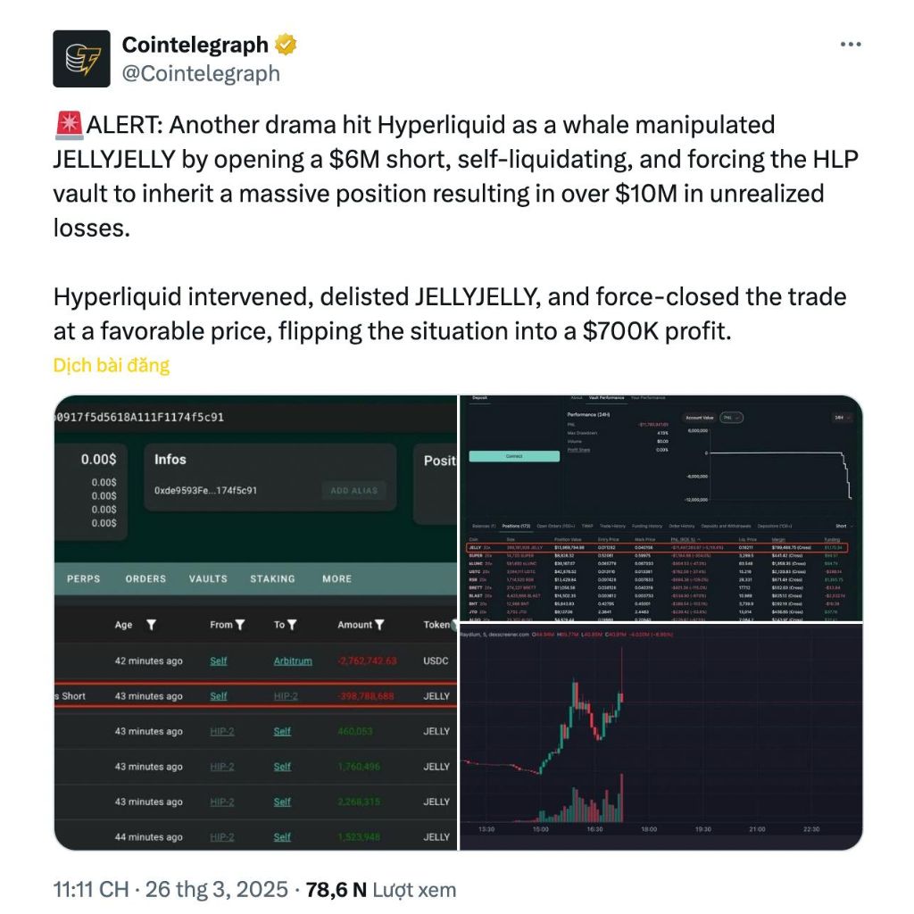 Daily Recap - 27/03/2025: Hyperliquid lỗ nặng gần $12M, Ghibli tăng 5000% 2 Hyperliquid lỗ gần 12 triệu USD vì cá voi thao túng quá JELLY