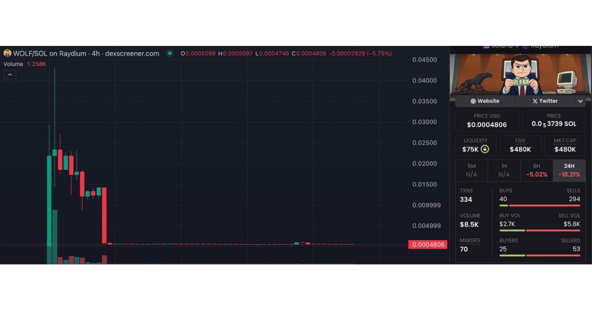 WOLF chart - Vốn hóa thị trường từ 40 triệu USD giảm còn 481.000 USD (theo DEX Screener)