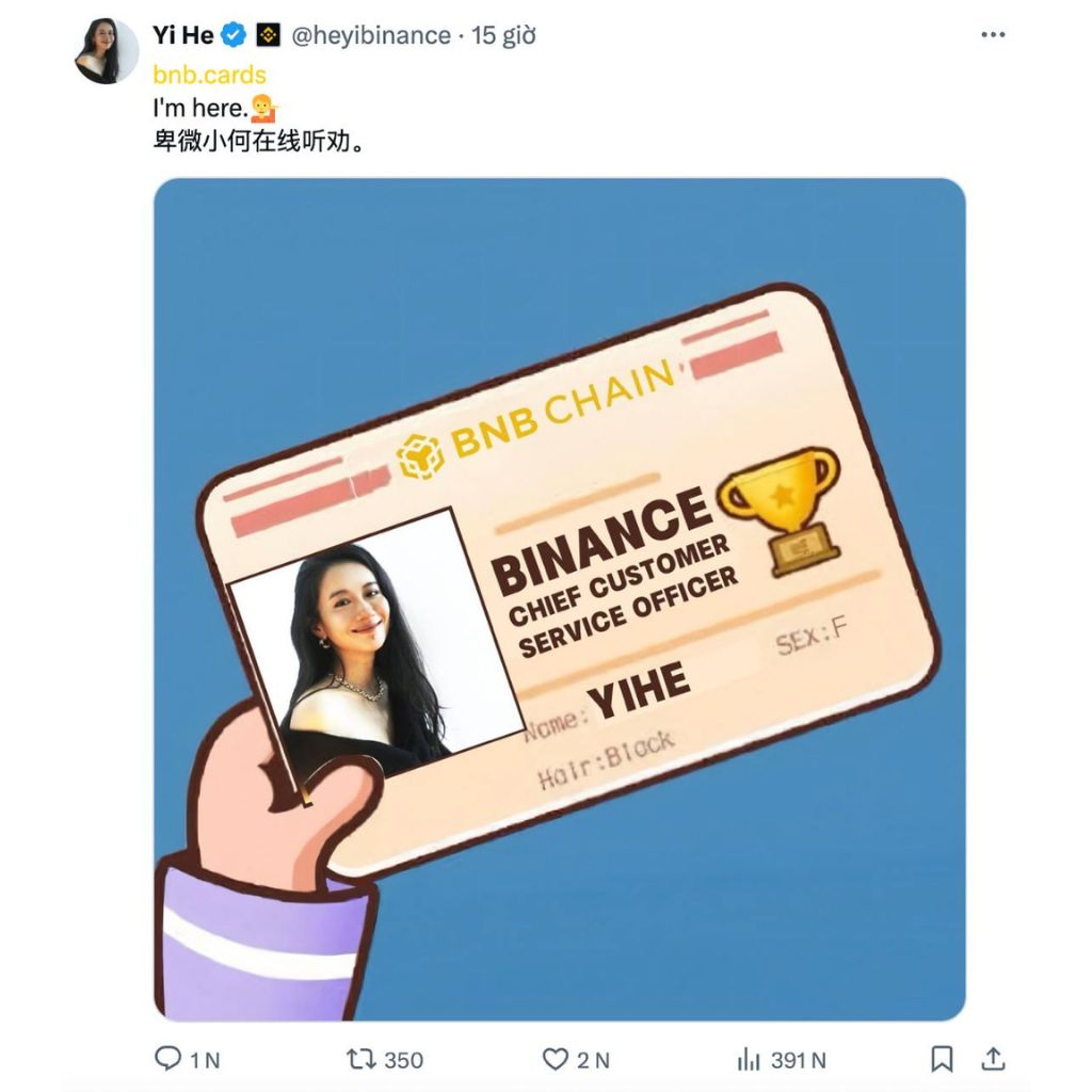 BNB Card - Memecoin mạng BSC được "shill" bởi Yi He 2 Yi He shill BNB Card trên X