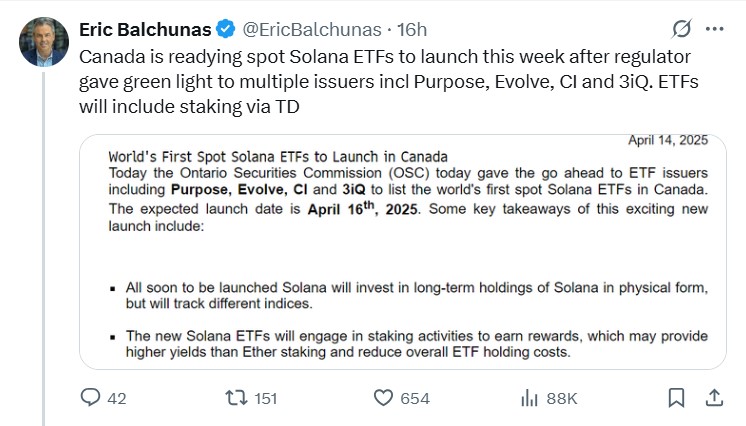 Bài đăng X của Eric Balchunas ngày 14/4/2025, thông báo Canada ra mắt ETF Solana Spot