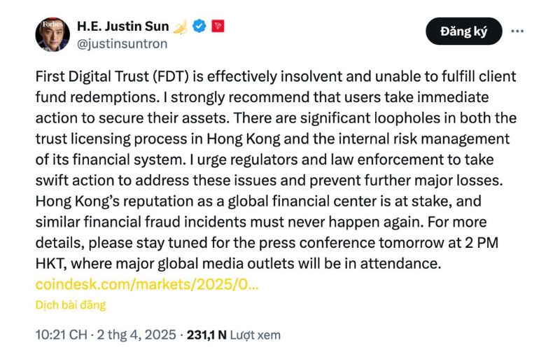 Justin Sun cáo buộc FDT mất khả năng thanh toán