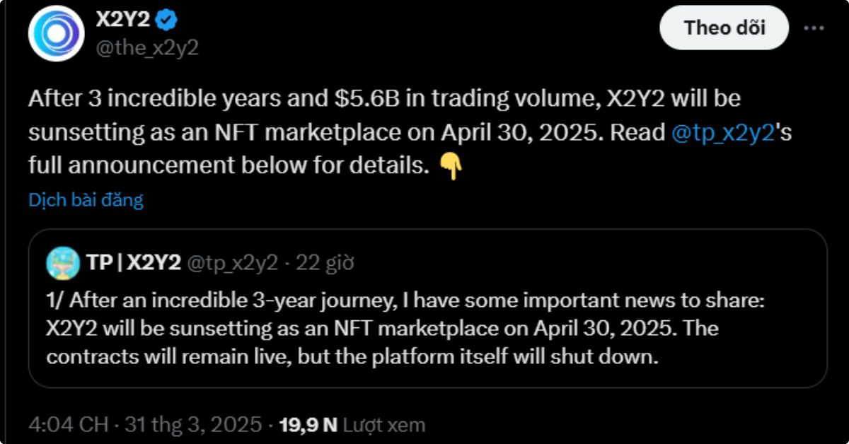 Sàn NFT X2Y2 thông báo đóng cửa, giá token X2Y2 lao dốc 2 X2Y2 1