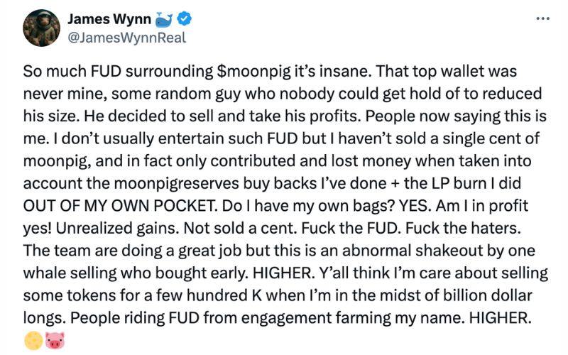 $MOONPIG giảm hơn 30%, James Wynn phủ nhận việc bán tháo 3 James Wynn phủ nhận tin đồn