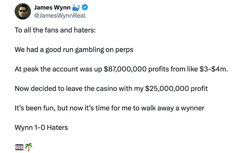 James Wynn là ai? Cá voi crypto nổi tiếng với những cú trade triệu đô 3 James Wynn rời cuộc chơi