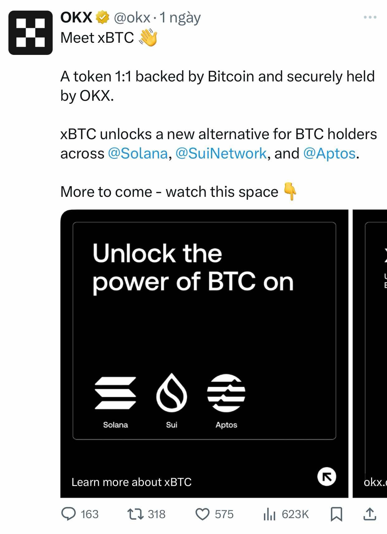xBTC trên Sui: OKX mở ra kỷ nguyên mới cho Bitcoin DeFi 2 bài đăng trên X từ OKX (@okx) ngày 22/5/2025, công bố ra mắt token xBTC.