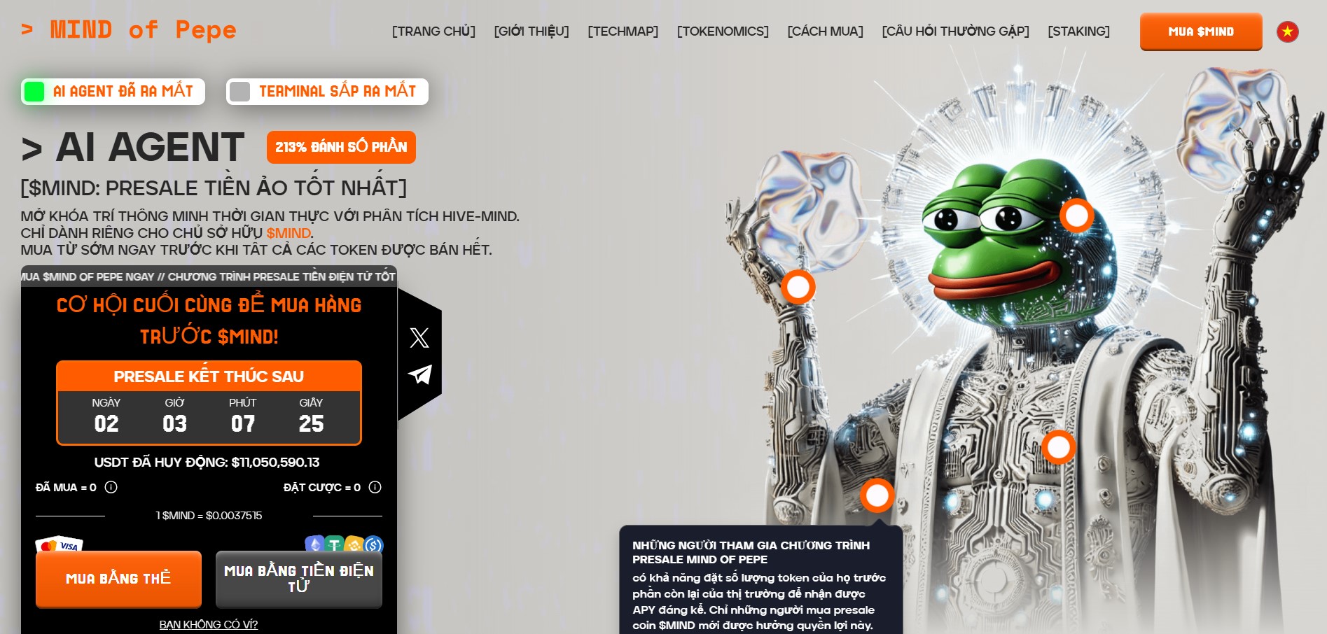 Cá voi PEPE thu lợi 36 triệu USD: Memecoin AI lên ngôi trong cơn sốt thị trường 2 Giao diện presale MIND of Pepe với hình ảnh Pepe the Frog tích hợp AI, hiển thị mức tăng trưởng 213% và thông tin huy động vốn.