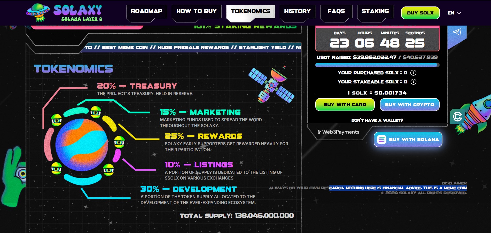Solaxy ($SOLX) tiếp tục gây sốt: Presale đạt 39 triệu USD, sẵn sàng bùng nổ trên Solana 2025 2 Tokenomics của Solaxy với các thông tin về presale, staking và phân bổ token.