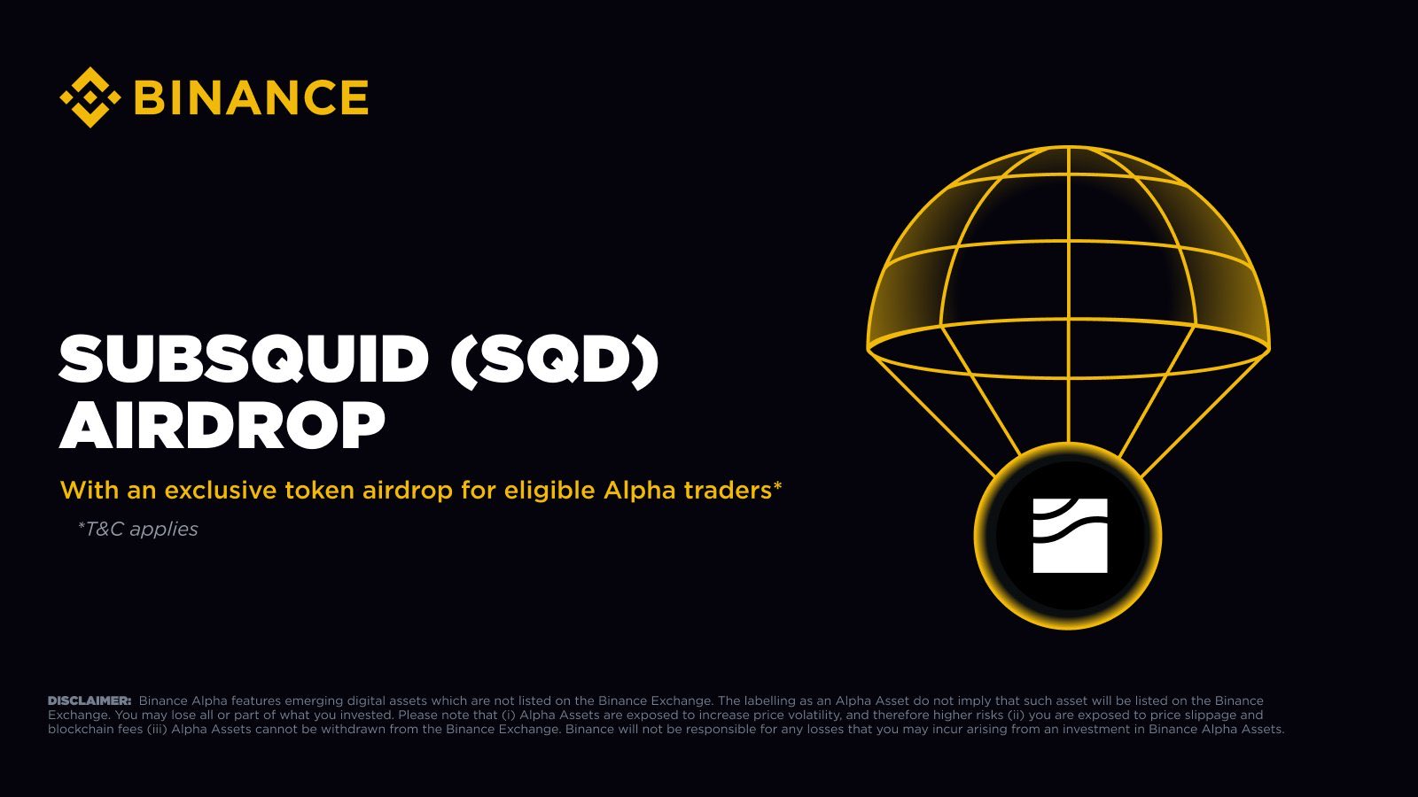 Khám phá Airdrop Subsquid (SQD): Cơ hội nhận token từ dự án Blockchain tiềm năng 2 Hình ảnh quảng bá chương trình airdrop Subsquid (SQD) trên Binance Alpha với logo Binance và hình ảnh biểu tượng token.