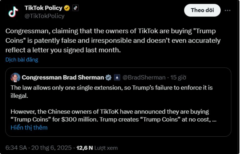 TikTok bác bỏ cáo buộc mua meme coin TRUMP 2 Tiktok 1