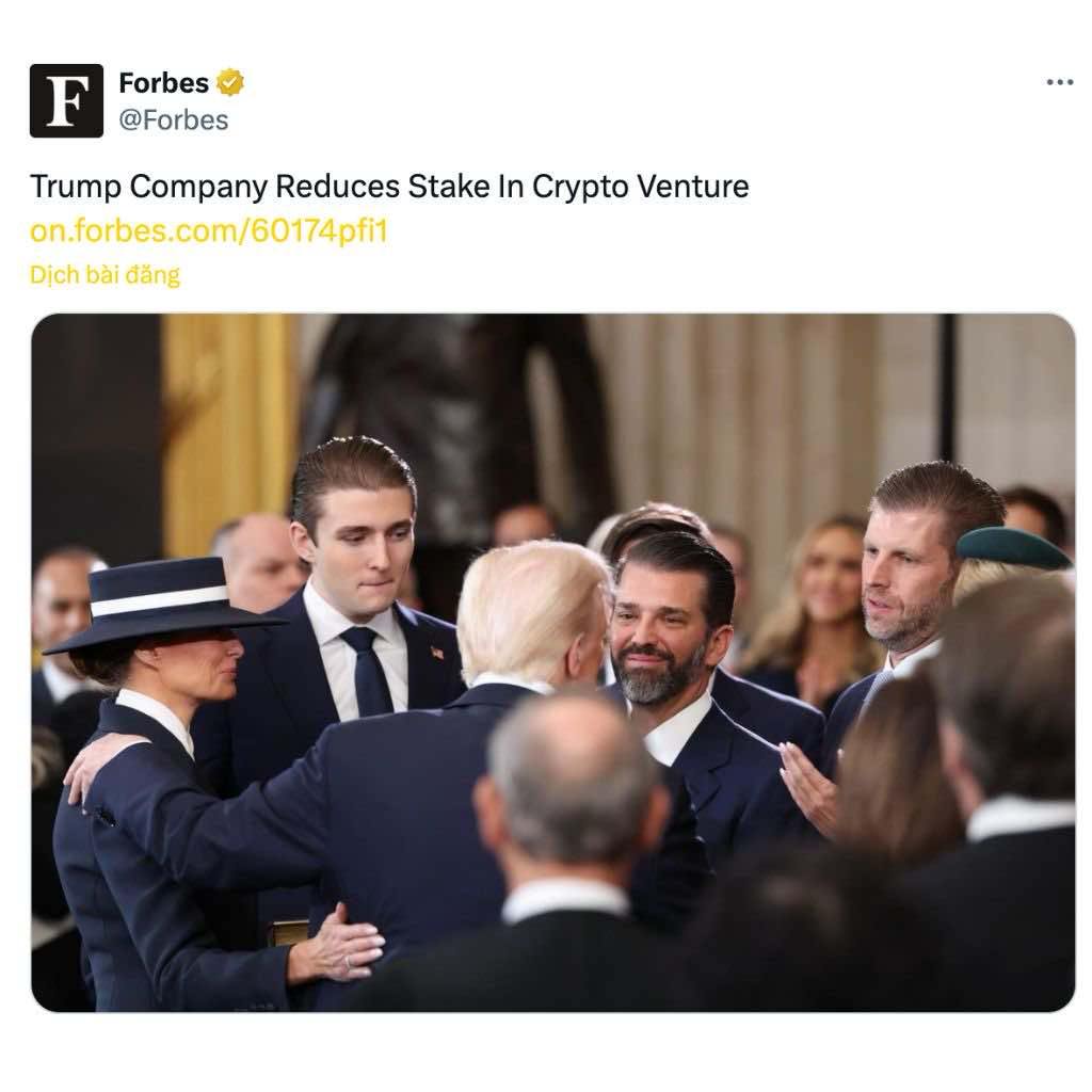 Gia đình Trump bán 20% cổ phần World Liberty Financial, thu về hàng trăm triệu USD 2 Tin tức từ Forbes: Gia đình Trump bán cổ phần World Liberty Financial