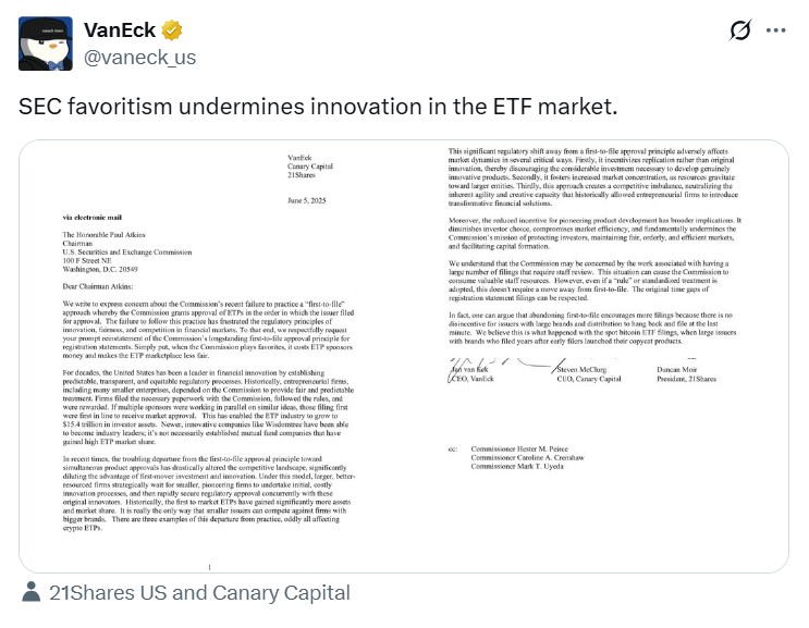 SEC và cuộc chiến công bằng cho thị trường ETF tiền điện tử 2 Ba nhà phát hành quỹ hoán đổi danh mục (ETF) là VanEck, 21Shares và Canary Capital đã gửi thư đến Ủy ban Chứng khoán và Giao dịch Hoa Kỳ (SEC)