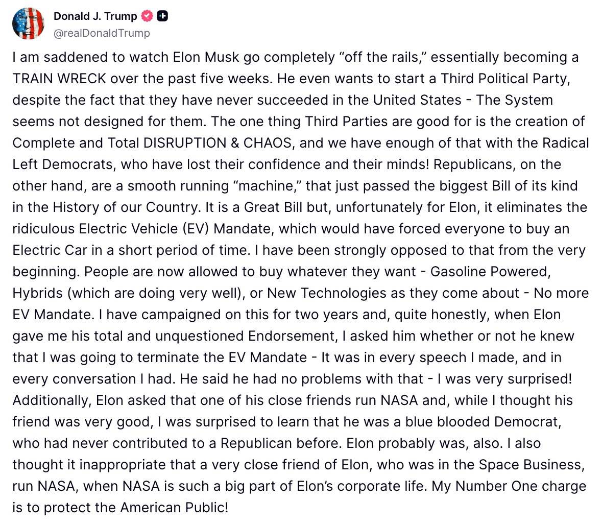 Elon Musk ra mắt 'America Party': Bitcoin sẽ là tương lai của tài chính? 2 Bài đăng của Donald Trump trên X bày tỏ quan điểm về Elon Musk và America Party, ngày 7/7/2025