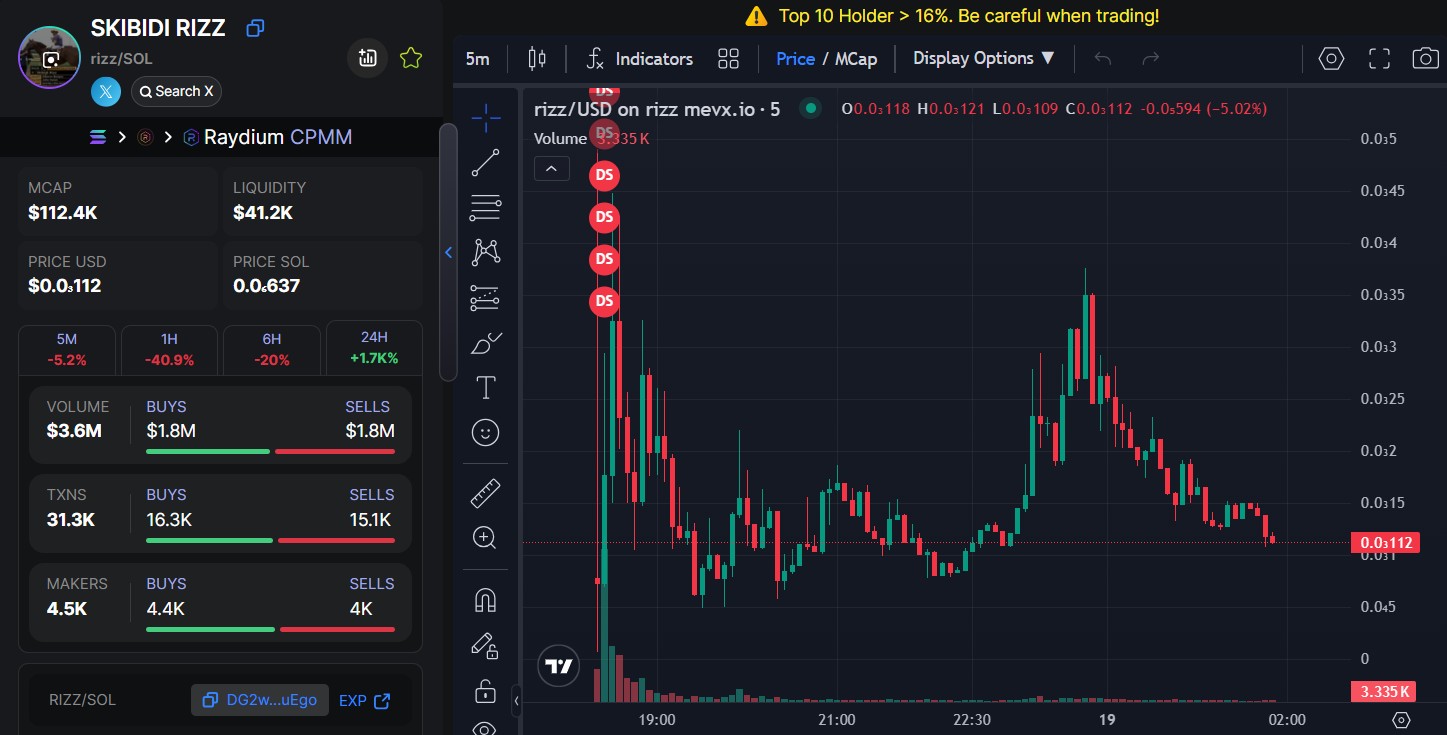 $RIZZ: Hành trình 'Bet and Burn' khởi động – Meme Rizz đánh bại đường đua! 2 $Rizz chart (Nguồn: MevX)