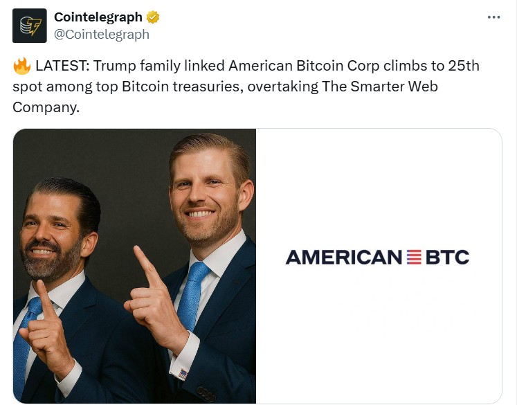 American Bitcoin Corp vươn lên vị trí thứ 25 trong danh sách kho dự trữ Bitcoin 2 American Bitcoin Corp vươn lên vị trí thứ 25